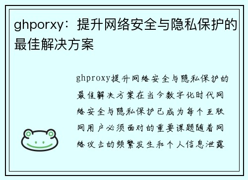 ghporxy：提升网络安全与隐私保护的最佳解决方案